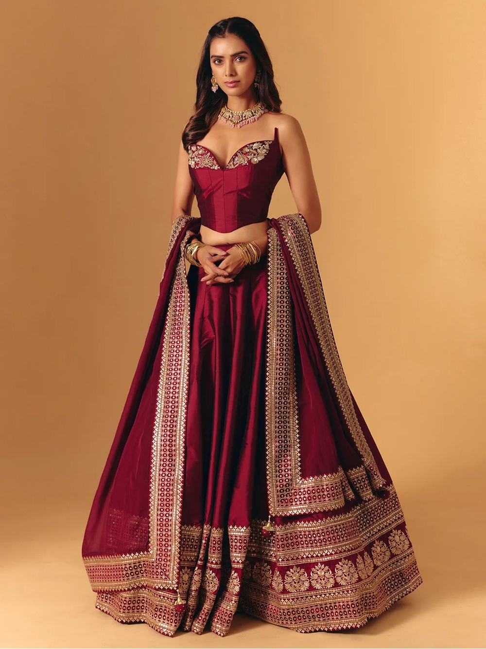 Maroon silk lehenga choli, corset blouse - Picture 2 of 8